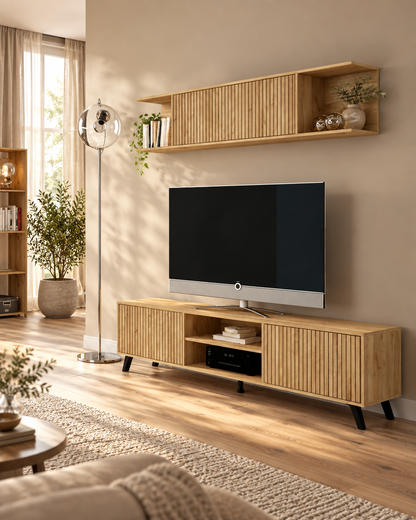 CONJUNTO DE SALÓN SOLANA 01 · MUEBLE TV + MUEBLE ALTO · DISEÑO ESCANDINAVO, ELEGANCIA Y ALMACENAJE EN UN SOLO CONJUNTO