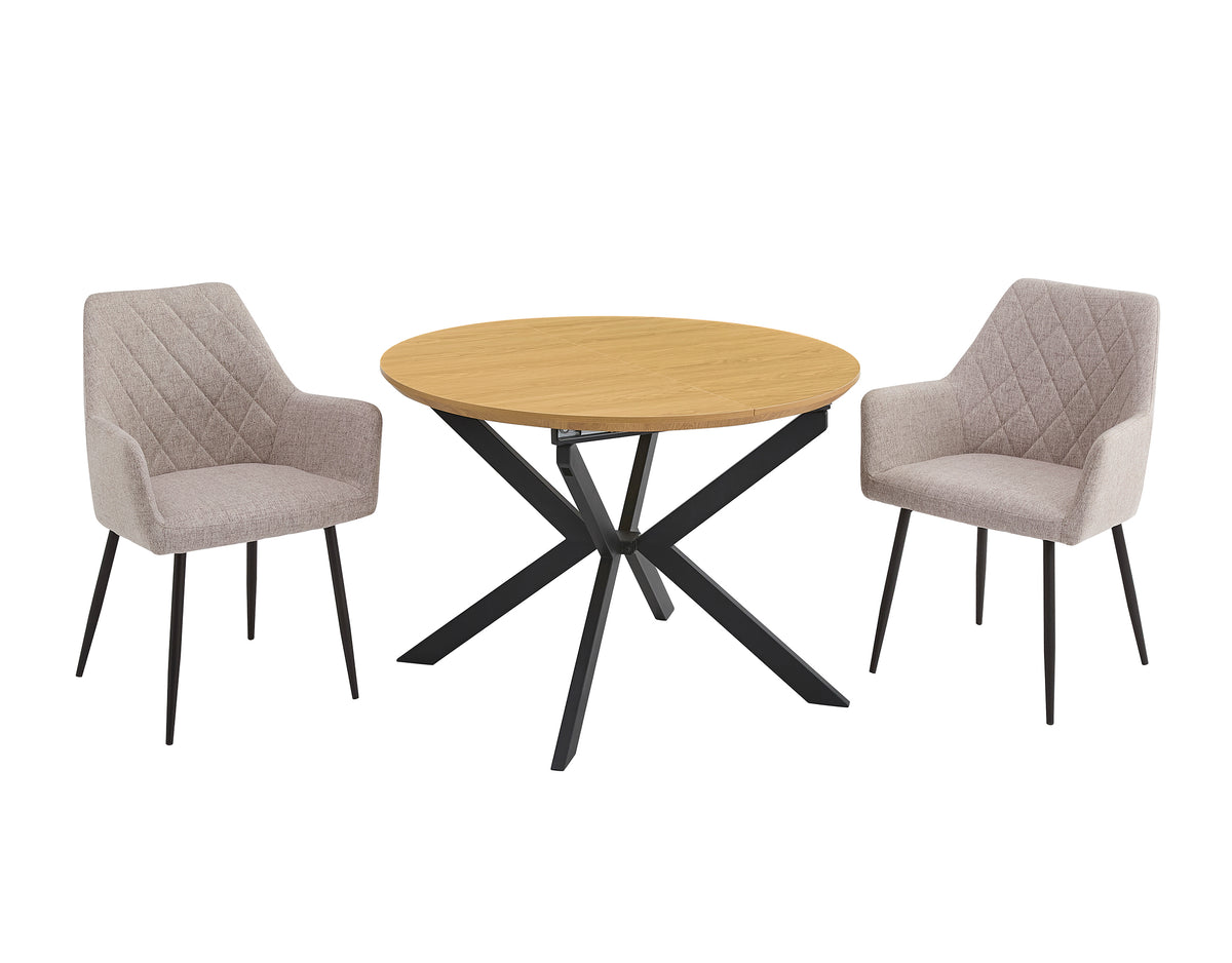 CONJUNTO DE COMEDOR WINSOR Y DEVON – MESA REDONDA EXTENSIBLE Y SILLONES TAPIZADOS