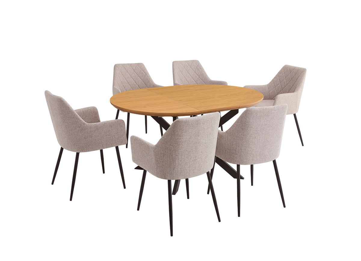 CONJUNTO DE COMEDOR WINSOR Y DEVON – MESA REDONDA EXTENSIBLE Y SILLONES TAPIZADOS