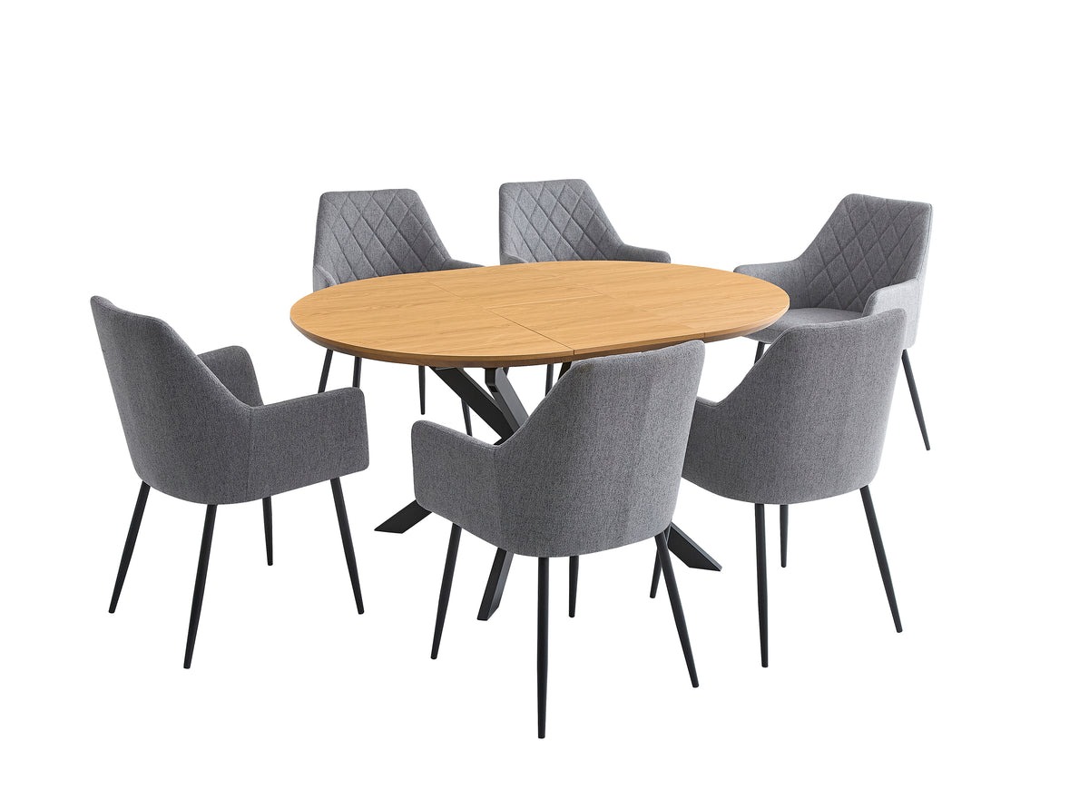 CONJUNTO DE COMEDOR WINSOR Y DEVON – MESA REDONDA EXTENSIBLE Y SILLONES TAPIZADOS