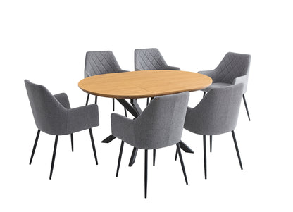 CONJUNTO DE COMEDOR WINSOR Y DEVON – MESA REDONDA EXTENSIBLE Y SILLONES TAPIZADOS