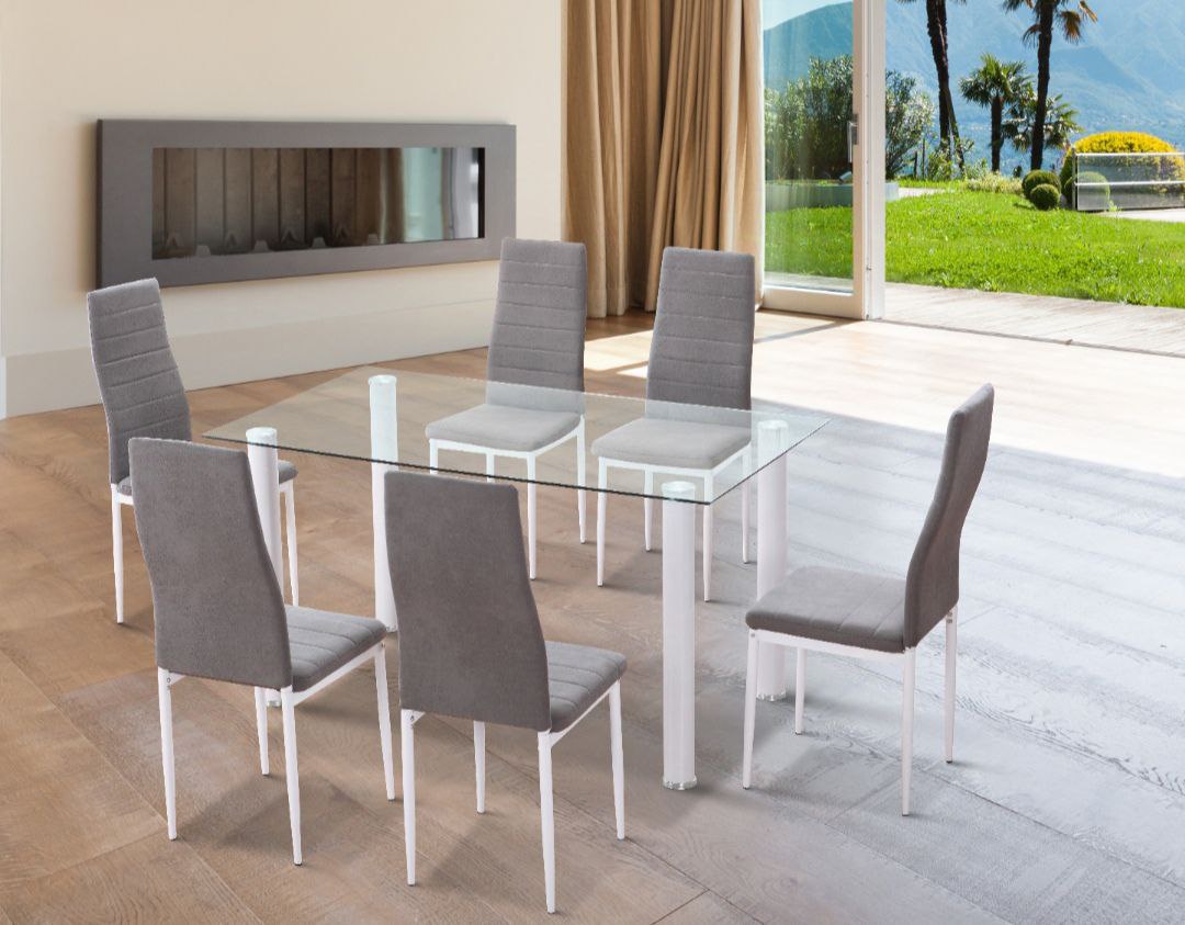 CONJUNTO DE MESA COMEDOR MAS 6 SILLAS TAPIZADAS YURIA