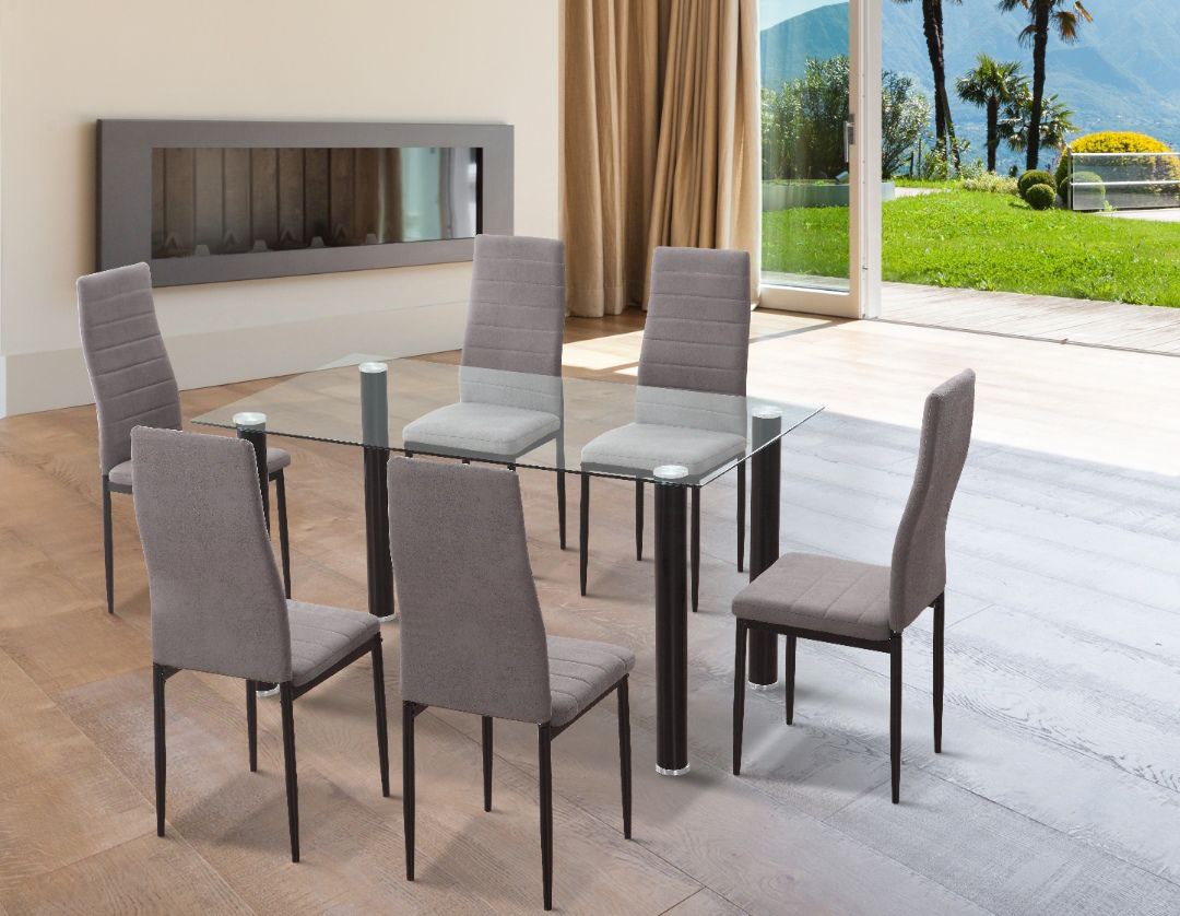 CONJUNTO DE MESA COMEDOR MAS 6 SILLAS TAPIZADAS YURIA