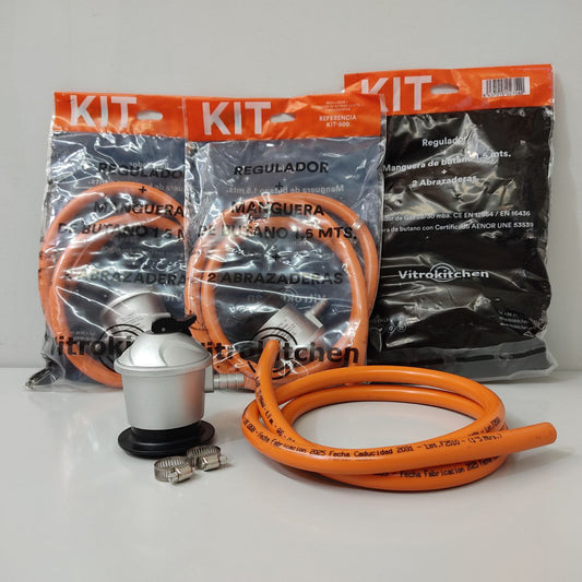KIT REGULADOR PARA ESTUFAS Y COCINAS – REGULADOR + MANGUERA 1,5 M + 2 ABRAZADERAS