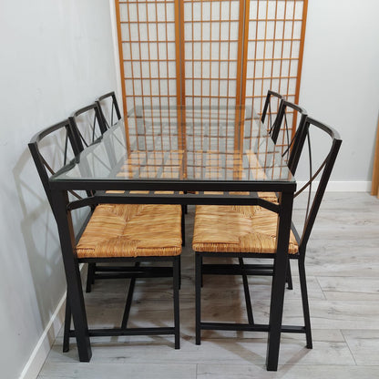 CONJUNTO MESA FIJA DE FORJA NEGRA CON DOBLE CRISTAL Y BANDEJA INFERIOR + 6 SILLAS DE FORJA Y MIMBRE IKEA