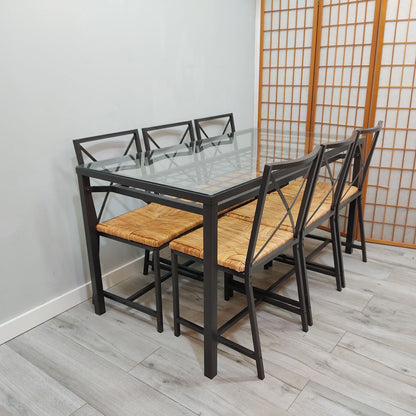 CONJUNTO MESA FIJA DE FORJA NEGRA CON DOBLE CRISTAL Y BANDEJA INFERIOR + 6 SILLAS DE FORJA Y MIMBRE IKEA