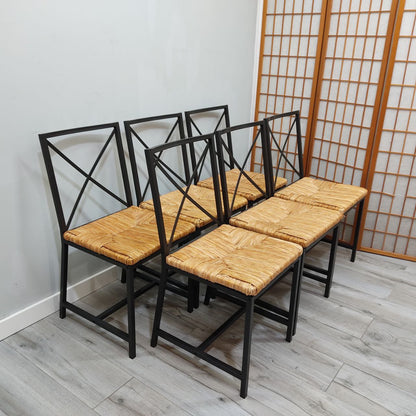 CONJUNTO MESA FIJA DE FORJA NEGRA CON DOBLE CRISTAL Y BANDEJA INFERIOR + 6 SILLAS DE FORJA Y MIMBRE IKEA