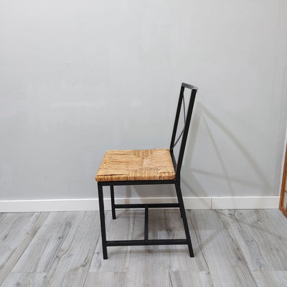CONJUNTO MESA FIJA DE FORJA NEGRA CON DOBLE CRISTAL Y BANDEJA INFERIOR + 6 SILLAS DE FORJA Y MIMBRE IKEA