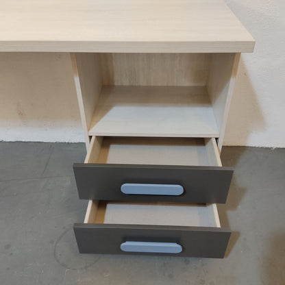 MESA ESCRITORIO BLANCO ANDERSEN CON TIRADORES AZUL Y ESTANTE DE PARED EN GRAFITO