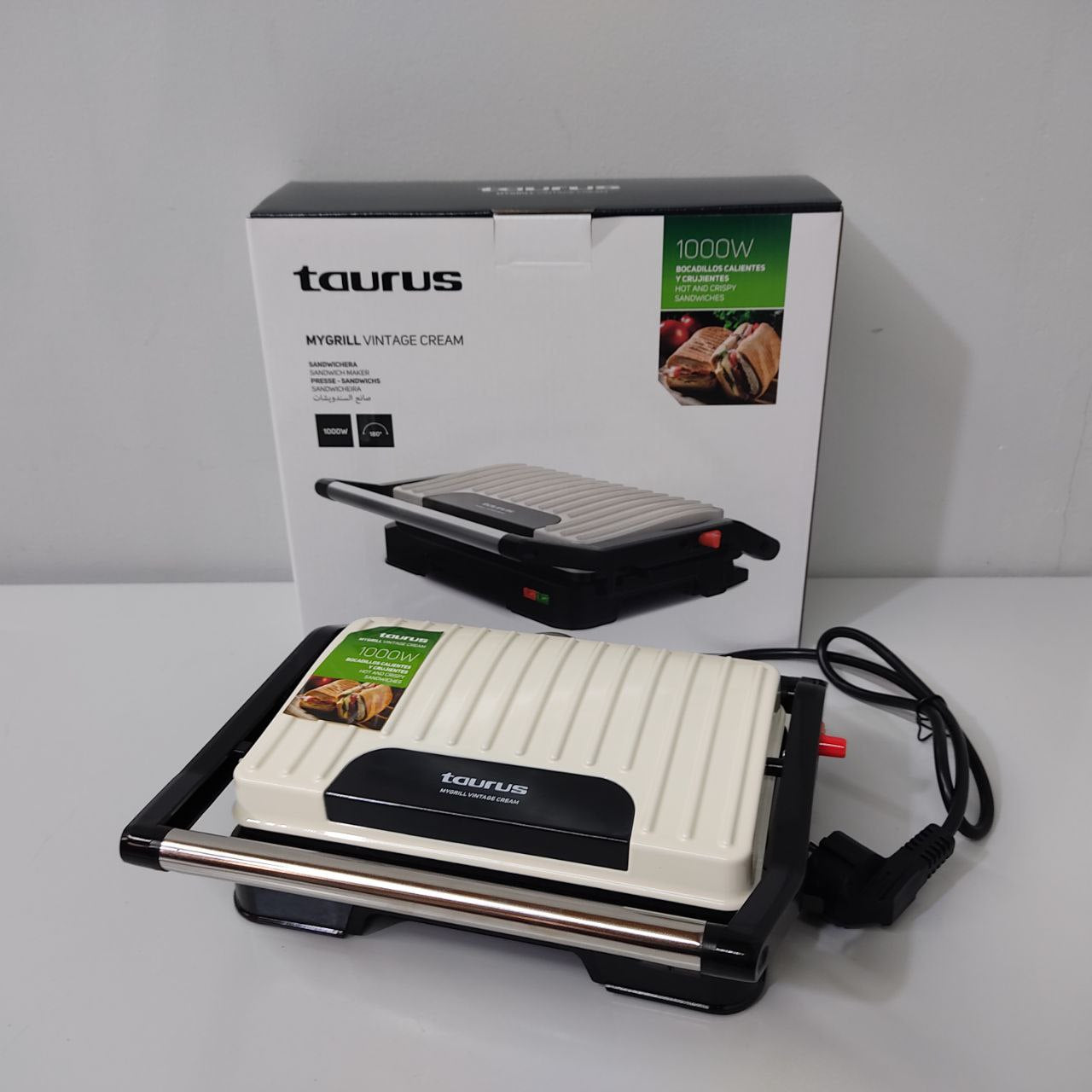 GRILL ELÉCTRICO TAURUS MYGRILL VINTAGE – 1000W, APERTURA 180º, PLACAS 23X14,5CM