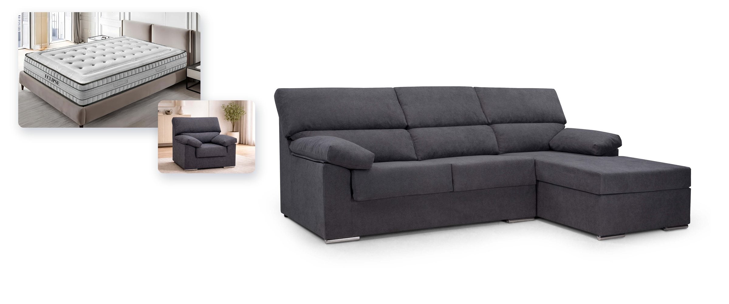 Sofá chaise longue Ruben, colchón Eclipse y sillón Ruben