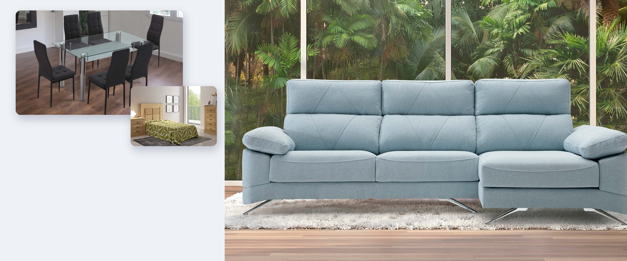Sofá chaise longue Robert, comedor Pranzo con sillas Zuni y dormitorio juvenil Rapid